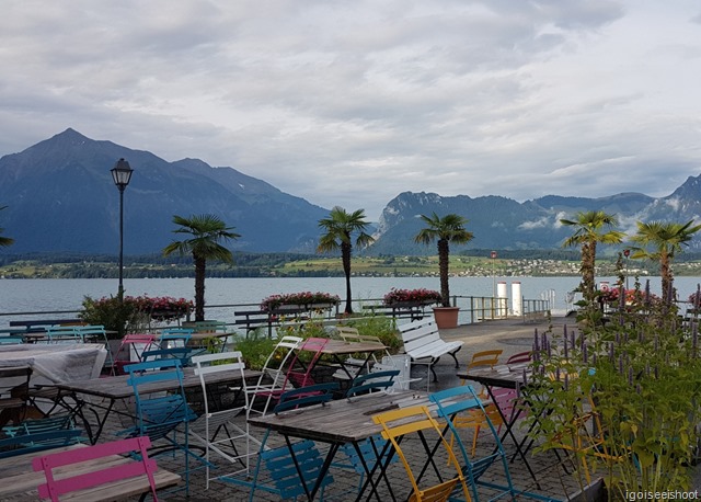 Colourful chairs at the cafe called Pier 17 located on the Oberhofen ferry terminal.