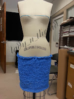 Sustainable fashion – a knit sheath dress using surgical blue wrap (hip fitting)