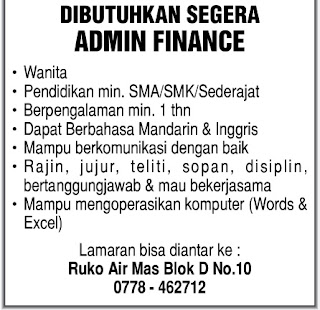 Lowongan Kerja Admin Finance Lulusan SMA/SMK