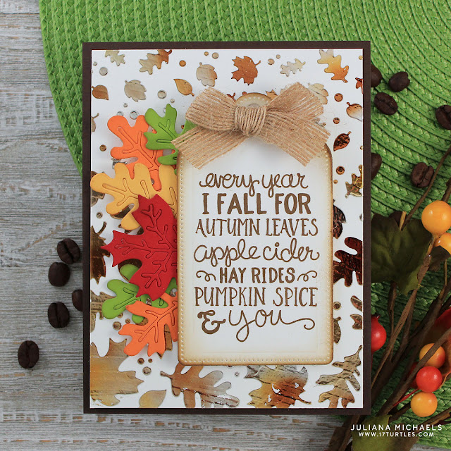 Pumpkin Spice Coffee Card with Foiled Leaves Background by Juliana Michaels