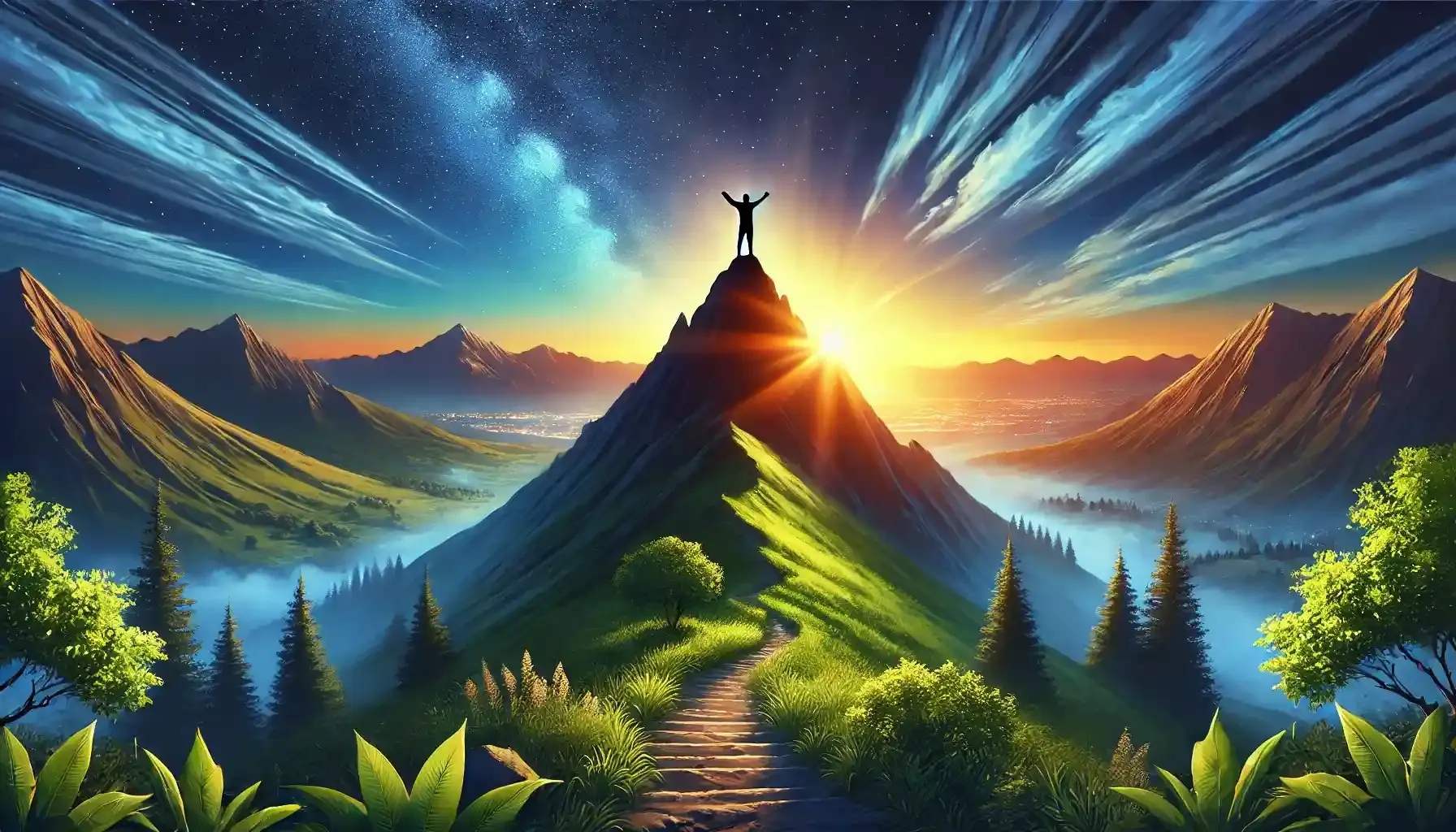 An inspiring image depicting the concept of personal growth and self-improvement. A person stands triumphantly on a mountain peak under a sunrise, arms outstretched, symbolizing achievement and progress. The background features lush greenery and a clear sky transitioning from night to dawn, with a path leading to the peak, reflecting the journey of growth and self-discovery.