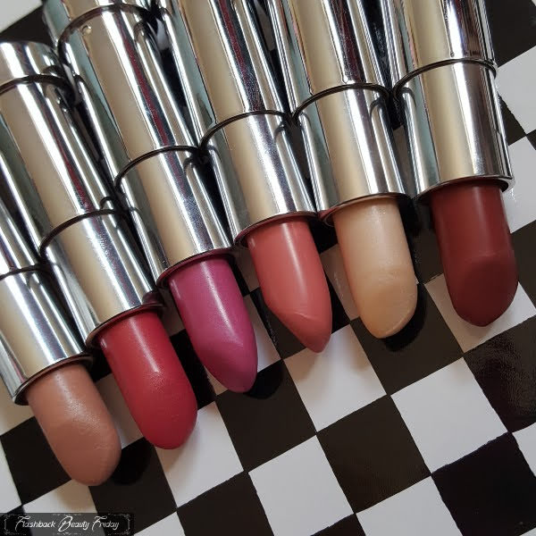 10 Beige Fievreux, 15 Fuchsia O Bobo, 16 Lilas Ausculte, 17 Rose Requinque, 18 Blouse Blanche and 19 Brique Secouriste Bourjois Docteur Glamour Lipsticks