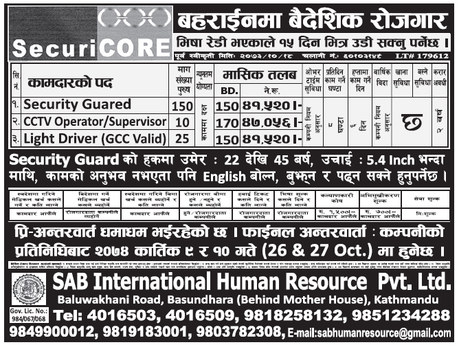 Jobs in Bahrain for Nepali, Salary Rs 47,056