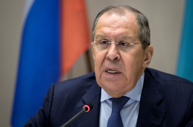 Russian Foreign Minister Sergei Lavrov during a press conference in Geneva on January 21, 2022, following a meeting with United States Secretary of State Antony Blinken. (AFP/GIOVANNI GREZZI)