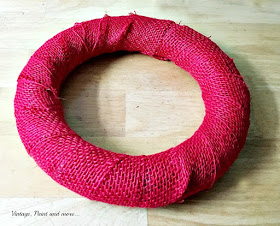 Vintage, Paint and more... wrapping a foam wreath form with burlap ribbon before applying the ornaments for an ornament wreath