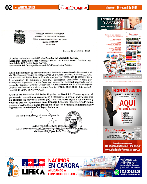 A QUIEN PUEDA INTERESAR: MIEMBROS DEL CONSEJO LOCAL DE PLANIFICACIÓN PUBLICA DEL MUNICIPIO G/D PEDRO LEÓN TORRES