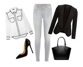 vaquero gris, blusa blanca, blazer, bolso y salones negros