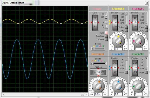 VDB enhancement MOSFET amplifier signals on oscilloscope