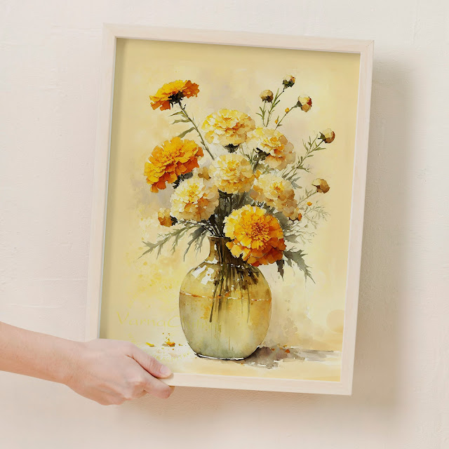 october birth flower, marigold still life painting, painterly watercolor floral wall art by Biju Varnachitra