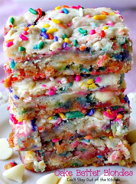 Cake Batter Blondies are ooey, gooey and delicious. These lovely bars start with a cake mix and use white chocolate chips and sprinkles.