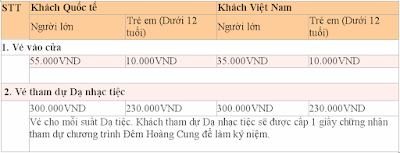 Giá vé tham dự Đêm Hoàng Cung