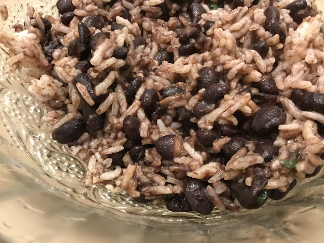 dirty rice, black beans and white rice