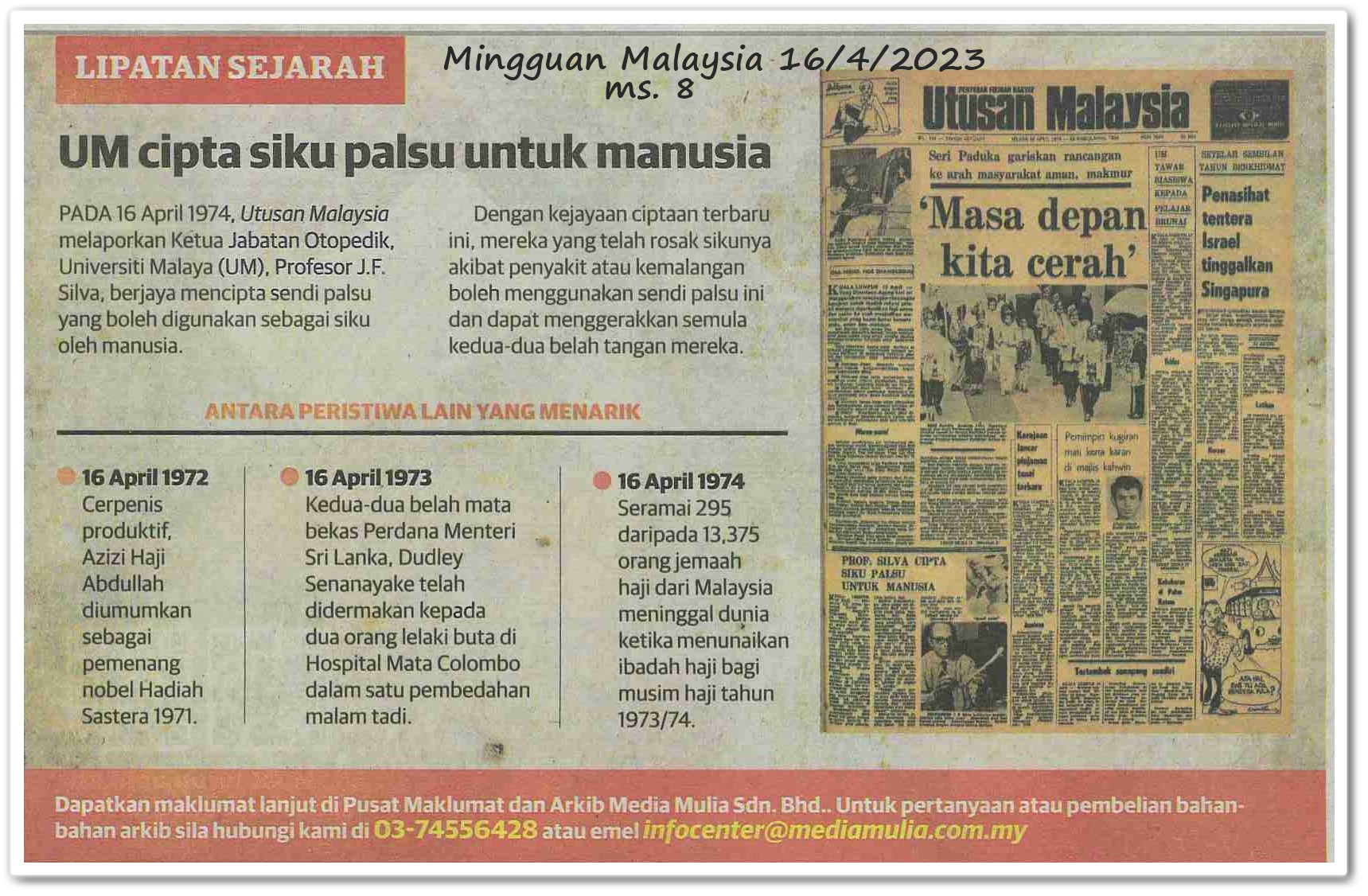 Lipatan sejarah 16 April - Keratan akhbar Mingguan Malaysia 16 April 2023