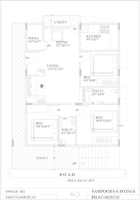 West Facing 30x40 House Plans with Vastu 3bhk Single Floor Plan on First Floor