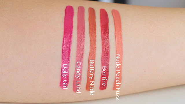 NYX Xtreme Lip Cream Swatches in Dolly Girl, Candy Land, Buttery Nude, Bonfire, Nude Peach Fuzz