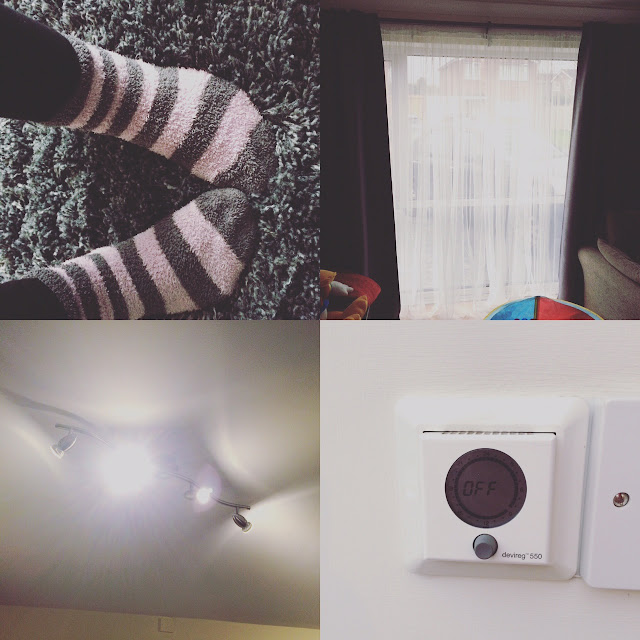 A block of 4 pictures, one of fluffy socks on a thick rug, a window with dark curtains, a set of lights with led bulbs and thermostat showing off