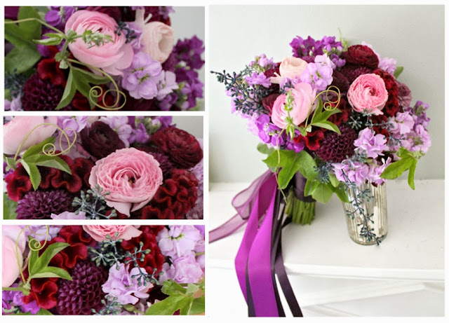 loosely textured blush, burgundy, and purple bouquet for Detroit Wedding by Sweet Pea Floral Design www.sweetpfloral.com with pink ranunculus, passionflower vine, seeded eucalyptus, dahlia, and coxcomb celosia