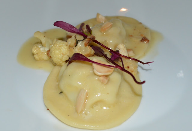 Scallop Ravioli-Roasted Cauliflower-Marcona Almonds at the Mediterraneo Restauran