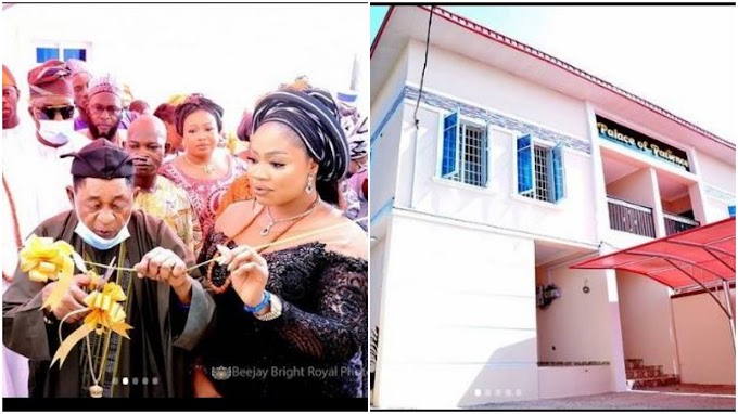 Lizzy Anjorin, Seyi Edun, others react as Alaafin of Oyo, Oba Lamidi Adeyemi gifts Queen Memunat Omowumi a house