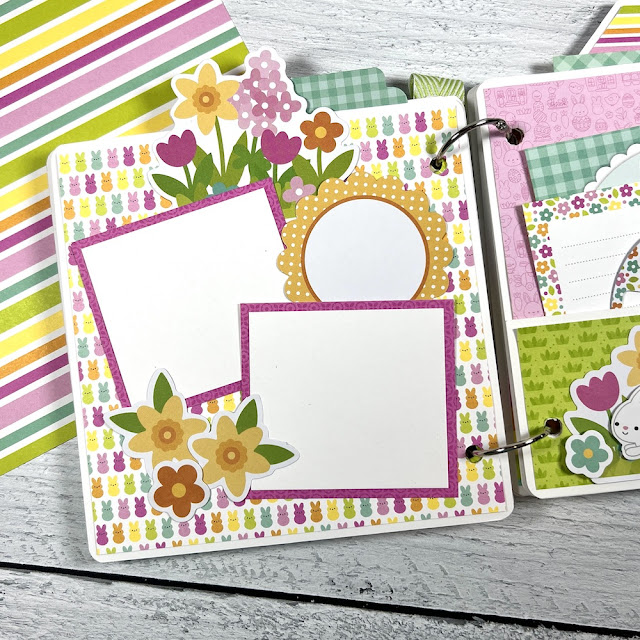 Easter and Spring scrapbook mini album page with bunny shaped peeps and flowers