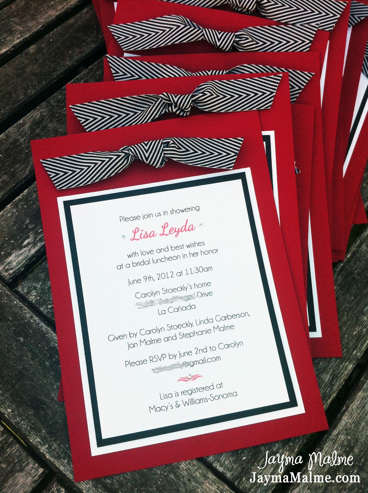 Bridal Shower Invitations - Red, Black & White with Chevron Ribbon