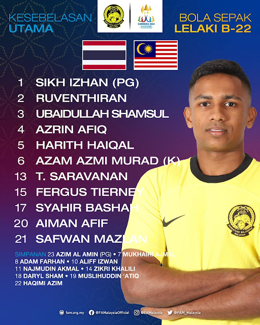 Pemain Kesebelasan Utama Malaysia vs Thailand Sukan SEA Kemboja 2023