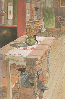 Painting of a small girl playing hide and seek under a table in Carl Larsson's studio.