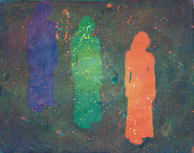 print of multiple abstract figures using gelatin monoprinting technique with acrylic paint 