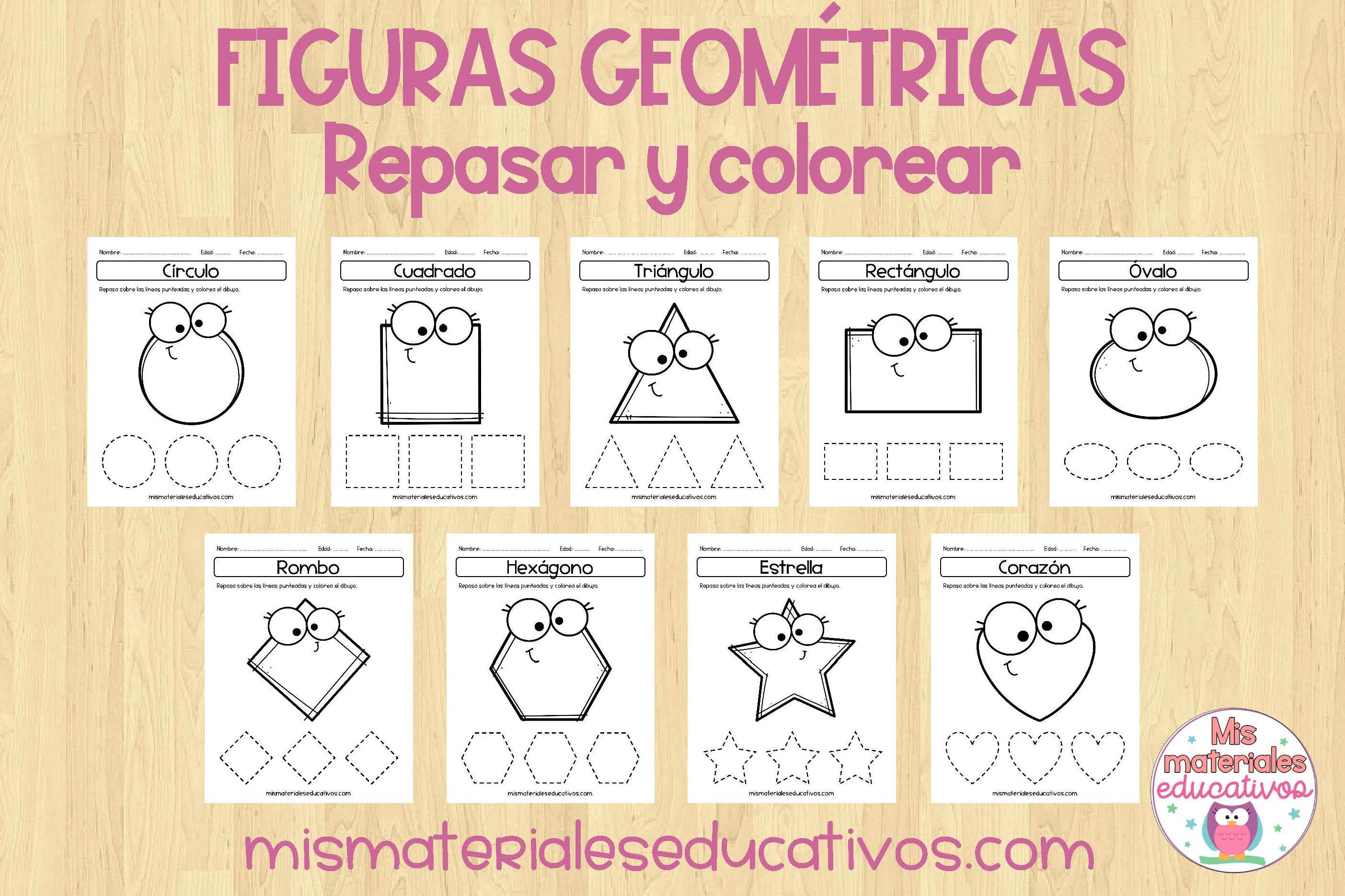 Mis Materiales Educativos: Figuras geométricas para repasar y colorear.  Hojas de trabajo con bonitas formas geométricas para trazar en educación  infantil y preescolar.