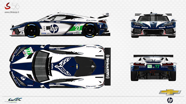 a livery sheet presenting a dark blue and white HP sponsored Corvette C8R from the side, the front, the rear and the top
