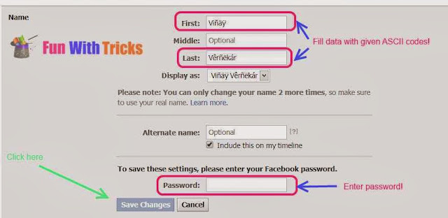 Setup Facebook name with cool letters_FunWidTricks.Com