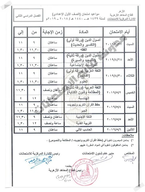 جداول امتحانات النقل الإعدادي والثانوي والقراءات والبعوث الإسلامية 2019