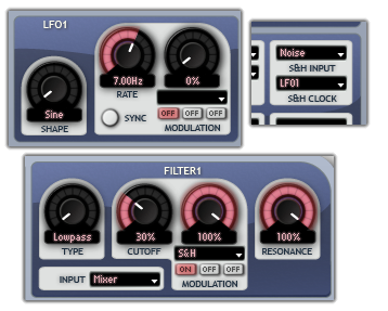 Filter modulated by White Noise through a Sample and Hold unit.