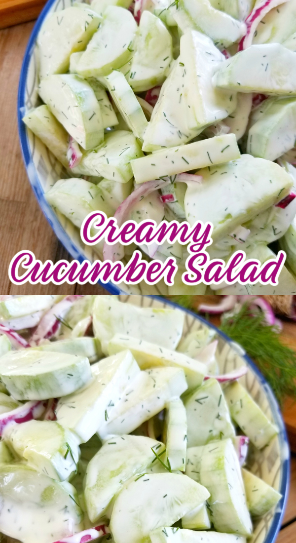 Creamy Cucumber Salad! A German-style cucumber salad recipe with a cool and creamy dressing made with sour cream.