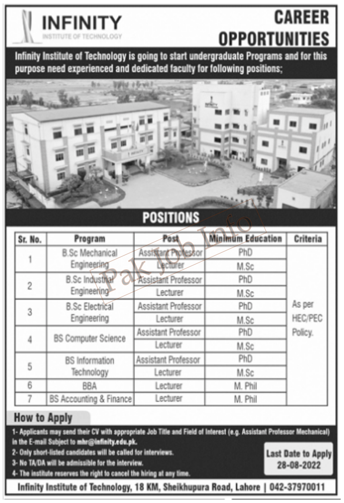 Infinity Institute of Technology Lahore August Jobs 2022,Assistant professor and Lecturer, Mechanical, Electrical, Industrical, Computer Science, BBA.