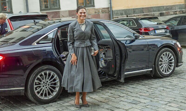 Crown Princess Victoria wore a grey jacket and grey midi skirt by Andiata, H&M, Totame. By Malina top