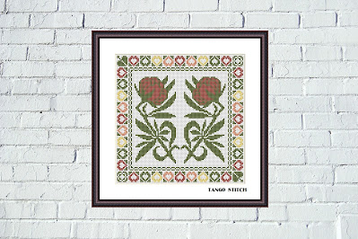 Red Art Nouveau floral cross stitch hand embroidery pattern - Tango Stitch