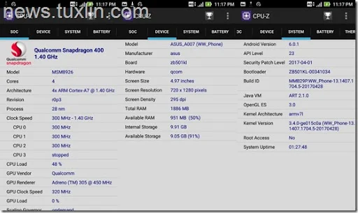 Benchmark Asus Zenfone Live ZB501KL CPU-Z