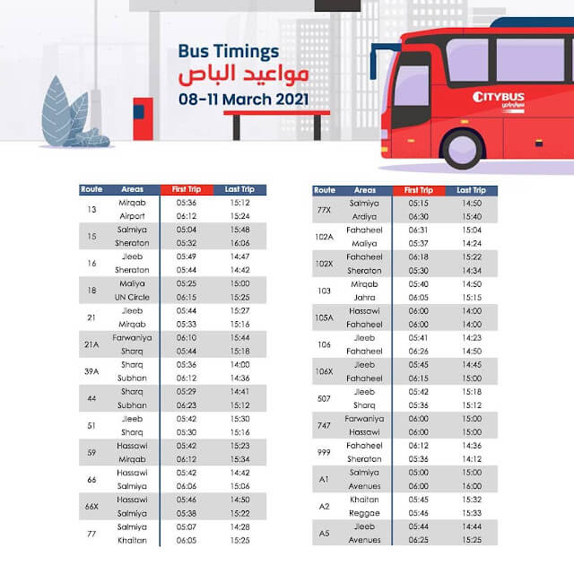 city bus Bus timings in kuwait