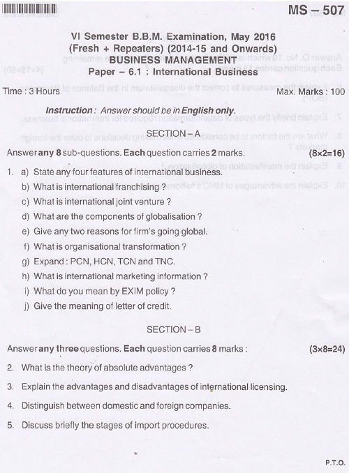 BU BBM International Business May 2016 Question Paper - University