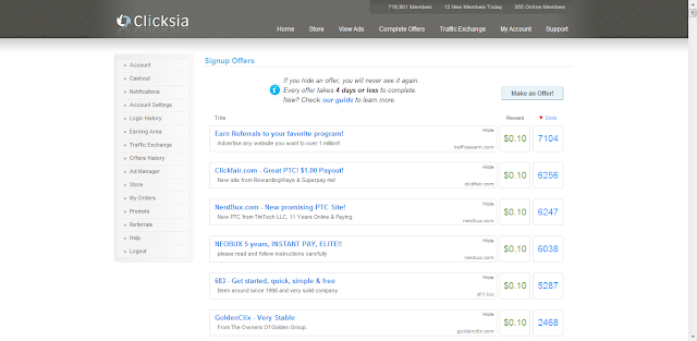 หน้างานของ clicksia แบบ complete offers