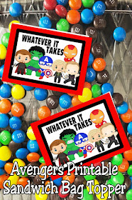 Enjoy this fun printable bag topper at your Avengers Endgame movie showing or as a party favor for all your guests.  Just like Captain America and Black Widow, you will be able to do "whatever it takes" to save the universe with these sweet treats and printable bag toppers. #avengers #endgamemovie #avengersparty #superheroparty #diypartymomblog