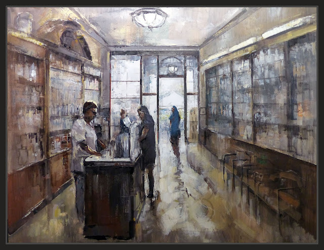 FARMACIA-RIU-MANRESA-PINTURA-FARMACIES-ANTIGUES-PAISATGES-URBANS-PERSONATGES-CATALUNYA-INTERIOR-CONTRALLUM-PINTURES-ARTISTA-PINTOR-ERNEST DESCALS-