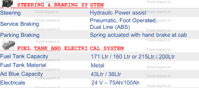 Bharat Benz 1415R  Steering System, Bharat Benz 1415R Braking System, Bharat Benz 1415R Service brake details, Bharat Benz 1415R Braking System Details, Bharat Benz 1415R Fuel Tank Capacity, Bharat Benz 1415R Fuel Tank Material, Bharat Benz 1415R Adblue tank Capacity, Bharat Benz 1415R Adblue Capacity, Bharat Benz 1415R Electrical System, Bharat Benz 1415R Alternator details, Bharat Benz 1415R Battery details, Bharat Benz 1415R  Battery Used, Bharat Benz 1415R Battery Voltage, Bharat Benz 1415R Voltage of battery,