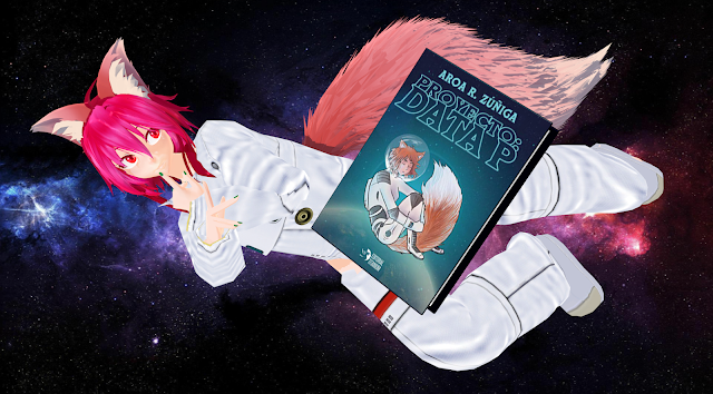 Fanart anime-manga que muestra a P, protagonista de la novela Proyecto Data P, flotando en el espacio con el libro a su lado