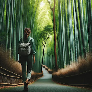 A traveler walking through a lush, green, and well-preserved bamboo forest path in Japan, practicing digital detox.