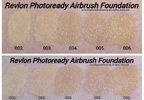 Revlon Photoready Airbrush Effect Foundation Swatches of Shades 002 Vanilla, 003 Shell, 004 Nude, Beige, 005 Natural Beige, 006 Medium Beige,