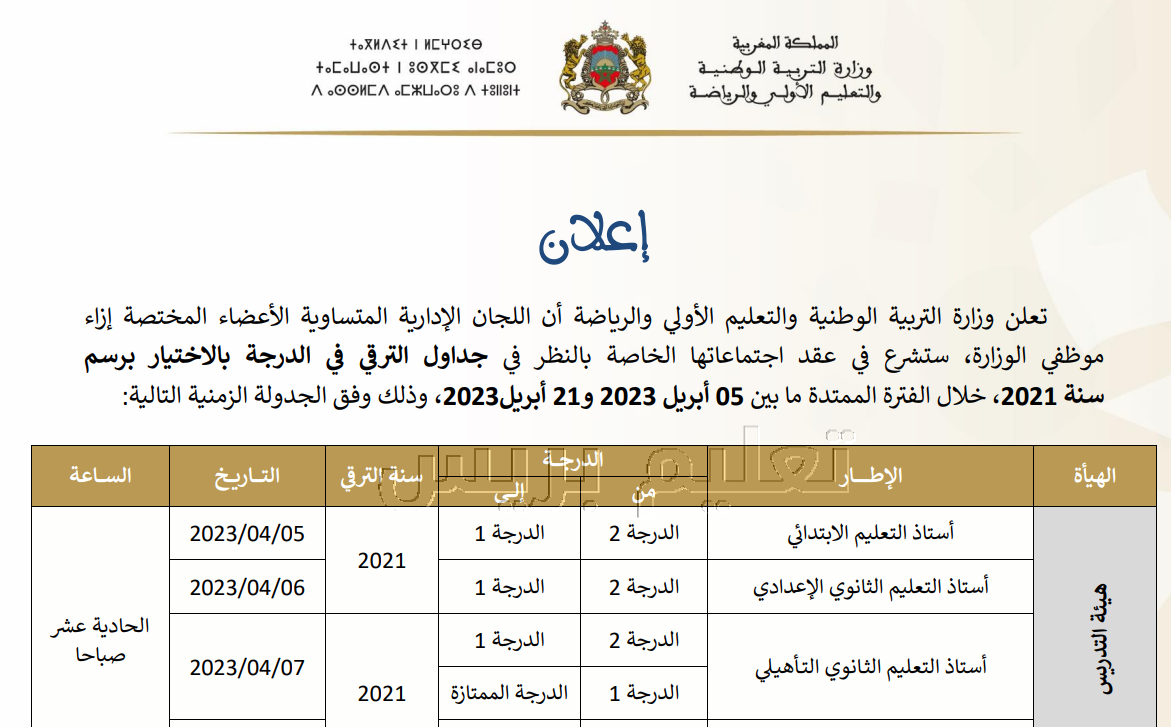 برمجة اجتماعات اللجان الإدارية المتساوية الأعضاء للبث في الترقية في الدرجة بالاختيار برسم سنة 2021