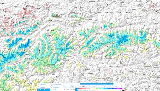 Differenza di neve fresca nelle 72 h. A nord-ovest diminuizione dell'altezza della neve causata dalle condizioni meteorologiche.