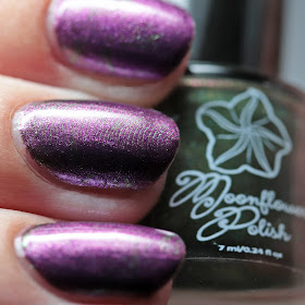 Moonflower Polish Spanish Moss stamped over Violet Dusk using Über Chic 22-03 plate